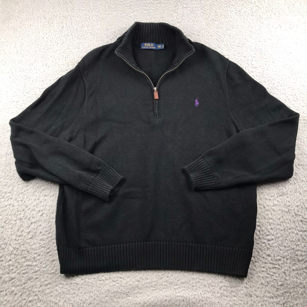Polo Ralph Lauren Sweater Mens 2XL Black Cotton 1/4 Zip Knit Pony Logo Pullover